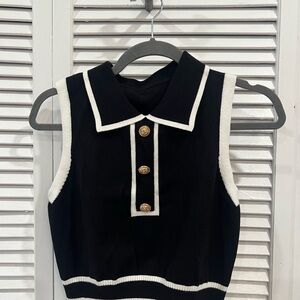 Black Sleeveless Top with White Trim and Gold Buttons